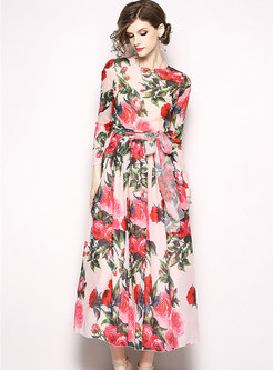 Sweet Floral Print Belted Chiffon Dress