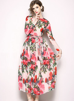 Sweet Floral Print Belted Chiffon Dress
