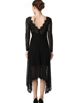 Fashion Black Lace Asymmetric Dress