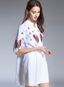 Butterfly Embroidered Half Sleeve Shift Dress