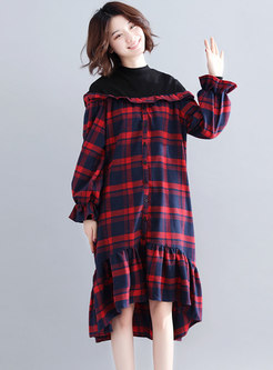 Chic Grid Splicing Stand Collar Single-breasted Falbala Dress