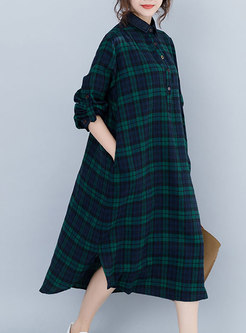 Stylish Grid Lapel Side-slit Asymmetric Loose Dress