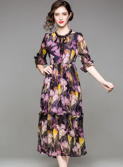 Elegant Flower Print Big Hem Chiffon Dress