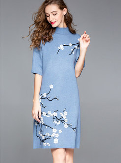 Fashion Blue Three Quarters Sleeve Embroidered Dress