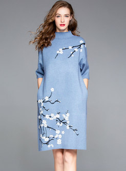 Fashion Blue Three Quarters Sleeve Embroidered Dress