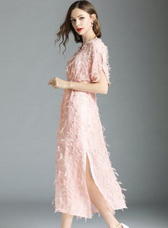 Pink Batwing Sleeve Tassel Chiffon Dress