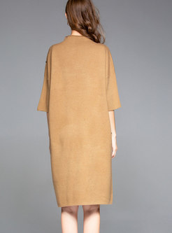 Fashion Camel Three Quarters Sleeve Embroidered Knitted Dress