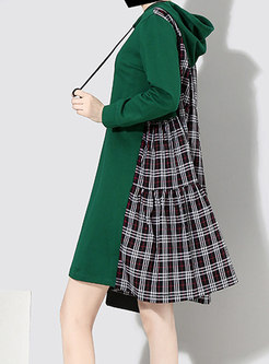Stylish Grid Splicing Hooded Tied Loose Dress