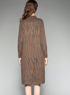 Autumn Coffee Crew-neck Wool Sweater Dress