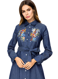 Lapel Button Tie-waist Embroidered Denim Maxi Dress