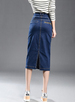 High Waist Plus Size Denim Sheath Slit Skirt