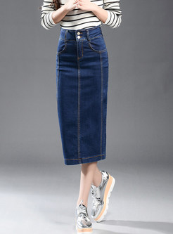 High Waist Plus Size Denim Sheath Slit Skirt