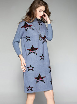Trendy Blue Star Pattern Hit Color Knitted Dress