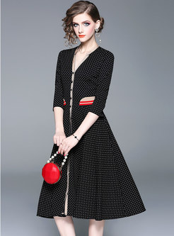 Trendy Black Polka Dots A Line Knitted Dress With Pockets