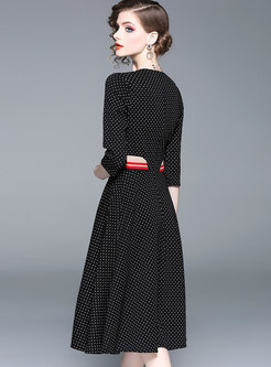 Trendy Black Polka Dots A Line Knitted Dress With Pockets