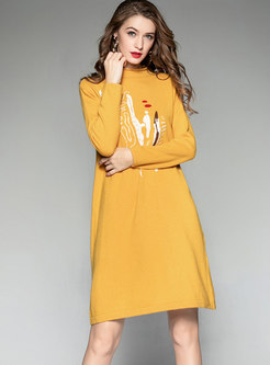 Autumn Yellow O-neck Long Sleeve Knitted Dress