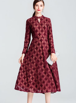 Fashion Stand Neck Lace-paneled Big Hem Dress