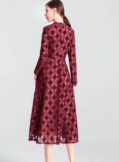 Fashion Stand Neck Lace-paneled Big Hem Dress