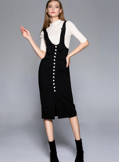 Stylish Black Patchwork Single-breasted Strap Skirt