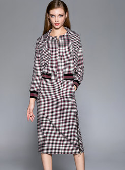 Stylish Turn-down Collar Coat & Skinny Grid Sheath Skirt