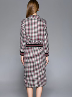 Stylish Turn-down Collar Coat & Skinny Grid Sheath Skirt
