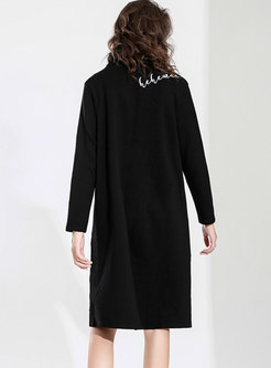 Black Letter Print High Neck Asymmetric Loose Dress