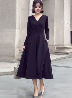 Black V-neck Long Sleeve Waist A Line Dress