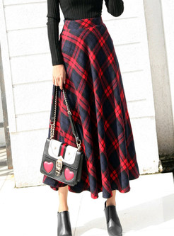 Winter Woolen Ankle-length Big Hem Plaid Skirt