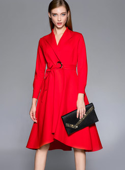 Fashionable Red Notched Tie-waist Skater Dress