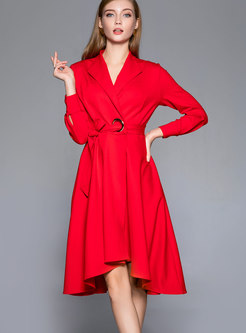 Fashionable Red Notched Tie-waist Skater Dress