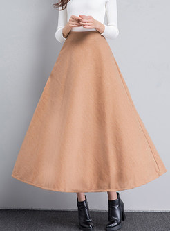 Brief Solid Color Big Hem Woolen Skirt
