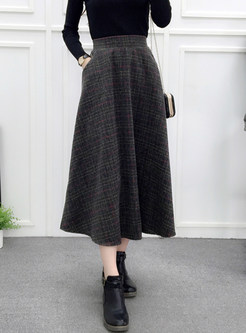 High Waist Plaid Woolen Big Hem A Line Skirt