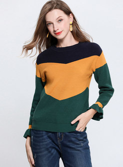 Trendy Color-blocked O-neck Flare Sleeve Knitted Sweater