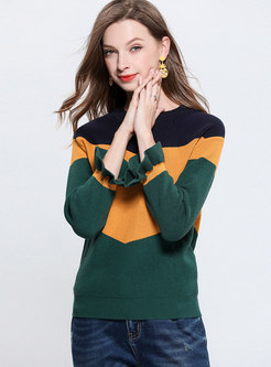 Trendy Color-blocked O-neck Flare Sleeve Knitted Sweater