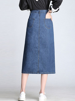 Fashion Slim Slit Solid Color Denim Skirt