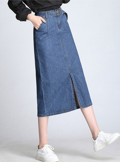 Fashion Slim Slit Solid Color Denim Skirt