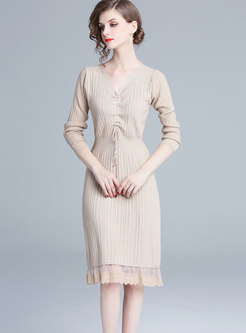 Casual V-neck Drawstring Lace Stitching Knitted Dress