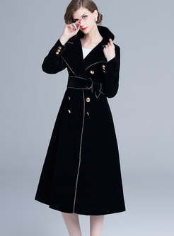 Notched Collar Velvet Belted Long Peacoat