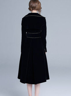 Notched Collar Velvet Belted Long Peacoat