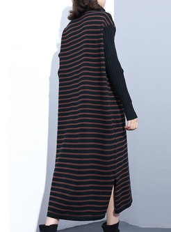 Striped High Neck Side-slit Knitted Shift Dress