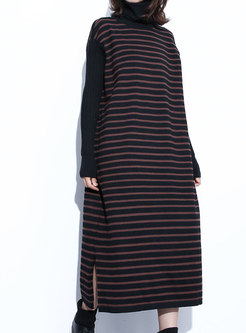 Striped High Neck Side-slit Knitted Shift Dress