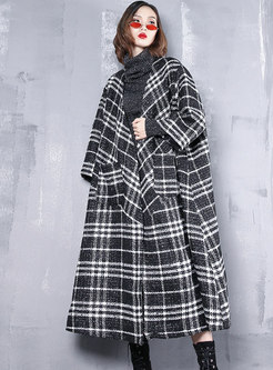 Fashionable Grid V-neck Loose Woolen Coat