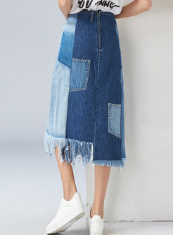 Chic Color-blocked High Waist Tassel Slit Denim Skirt