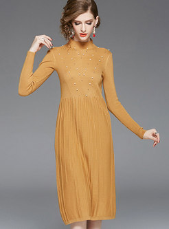 Casual Yellow Half High Neck Beaded Knitted Dress