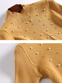 Casual Yellow Half High Neck Beaded Knitted Dress