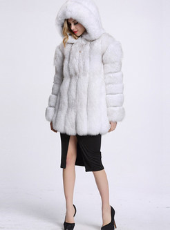 Solid Color Hooded Long Sleeve Slim Fur Coat
