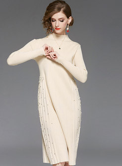 Fashion Beige Stitching Beaded High Waist Knitting Dress