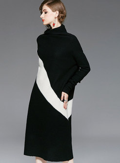 Chic Turtle Neck Color-blocked Wool Knitted Dress