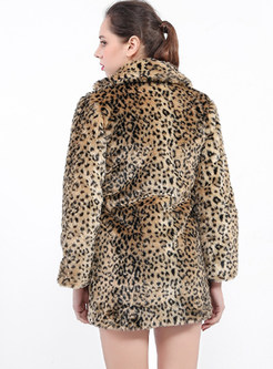 Turn Down Collar Long Sleeve Leopard Coat