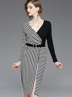 Stylish V-neck Hit Color Striped Sheath Split Dress